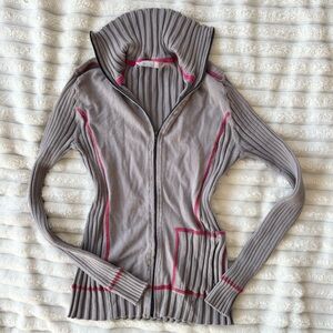 Athleta Grey and Red Ribbed Zip Up Sweater
